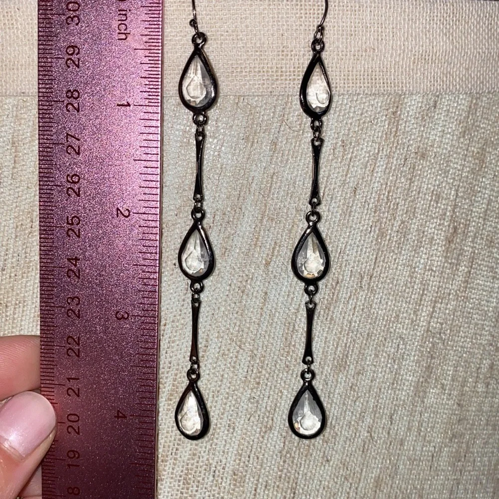 4” drop dangle earrings dark silver metal & clear crystal jewels 3 tier hanging - Picture 3 of 5